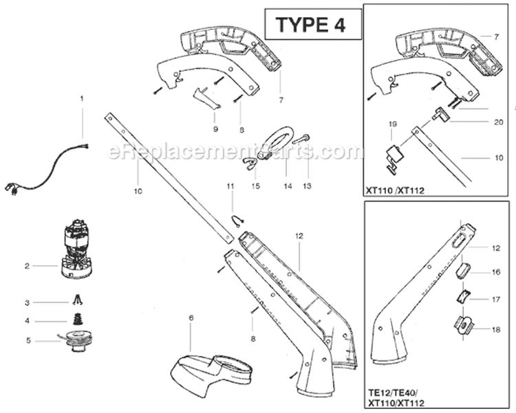 Page A Diagram and Parts List for XT112 Type 4 Weed Eater Trimmer